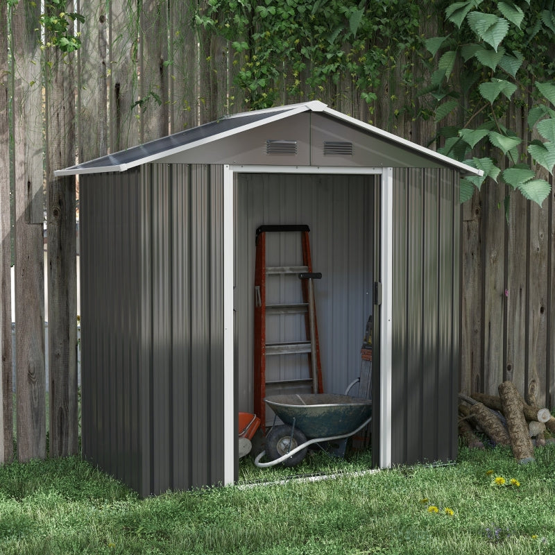 Dark Grey 6.5ft x 3.5ft Metal Garden Storage Shed With Double Sliding Doors and 4 Vents