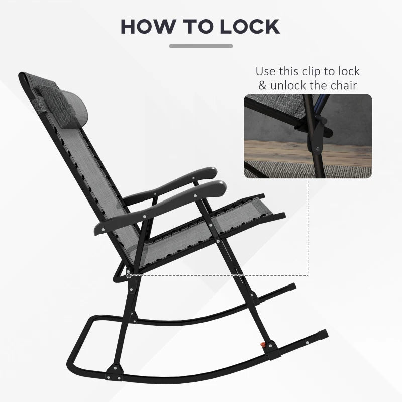 Grey Folding Rocking Chair with Headrest for Outdoor Use