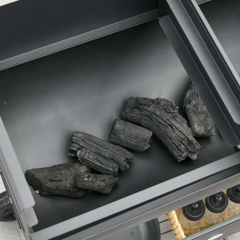 Charcoal BBQ Grill with Double Grill, Side Table, Storage Shelf, Wheels - Black