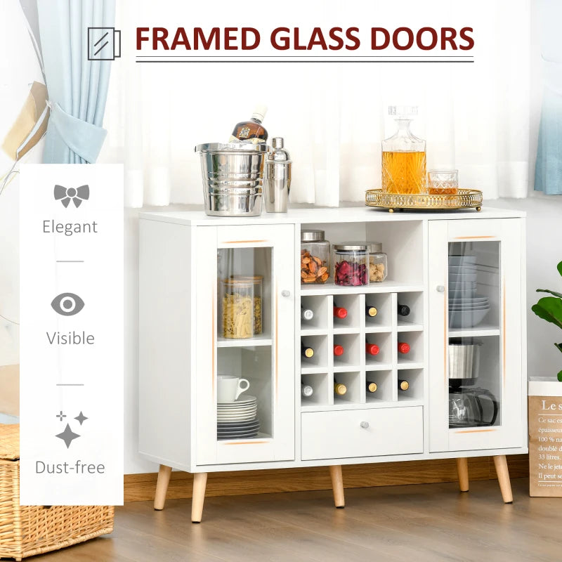 Modern White Sideboard Storage Cabinet with Glass Doors, Drawer & 12-Bottle Wine Rack for Kitchen, Dining & Living Room