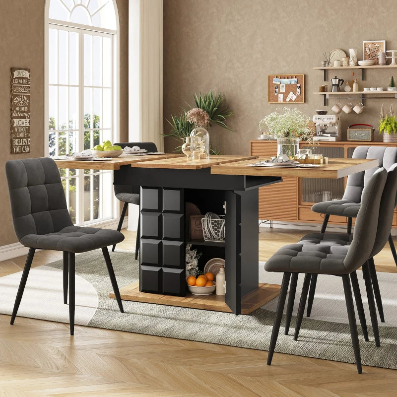 Telescopic Extendable Dining Table for 4-6, Foldable Kitchen Table with Checked Pattern, Black & Natural, 110-140L x 80W x 75H cm