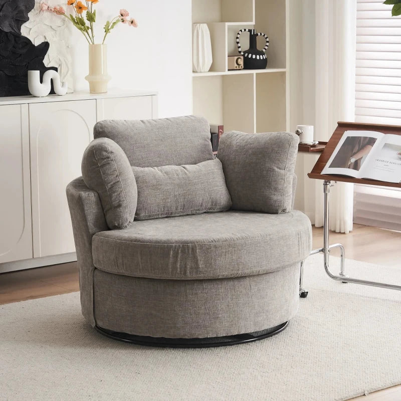 Stylish Grey Chenille Swivel Armchair with 3 Back Cushions and Crescent Ottoman Stool, 360° Rotation, 107L x 105W x 82H cm