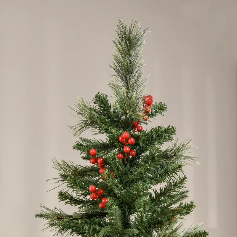 7ft Realistic Green Pencil Christmas Tree with Red Berries, Auto Open Feature - Perfect Holiday Decor