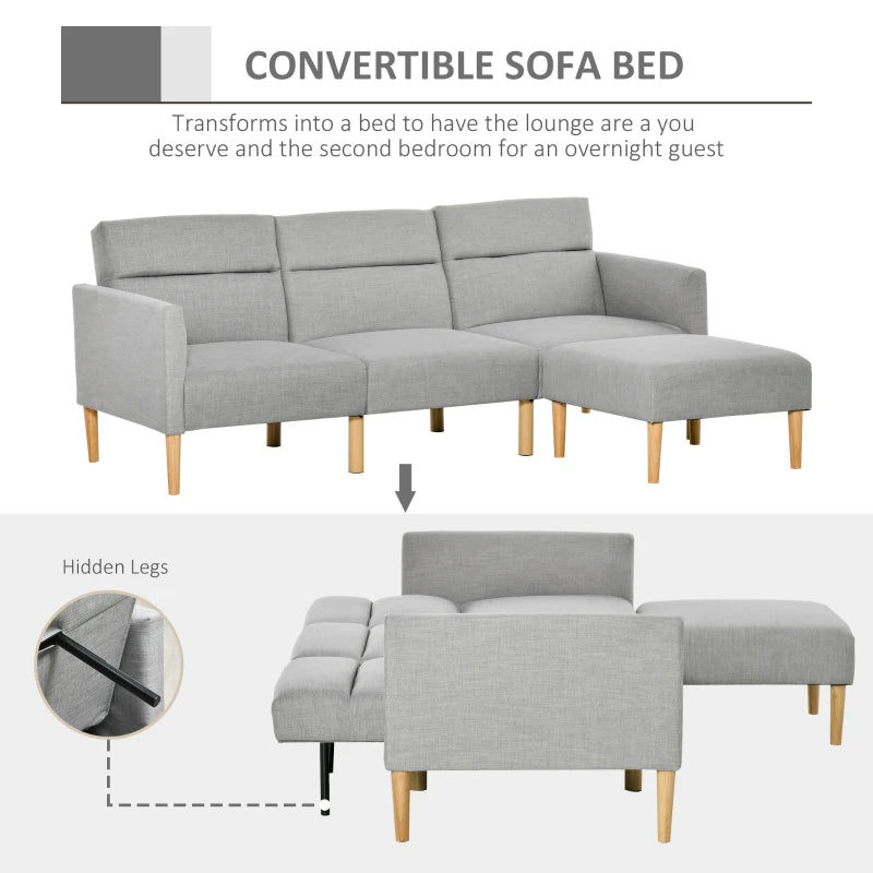 Linen Fabric L-Shaped Sofa Bed with Footstool and Rubber Wood Legs in Light Grey