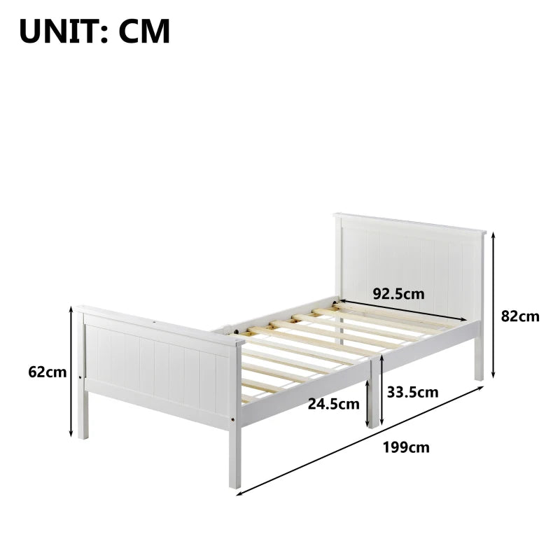Stylish White Wood Bed Frame with Headboard & Footboard - Single Bed for Kids & Guest Room, 199x96x82 cm