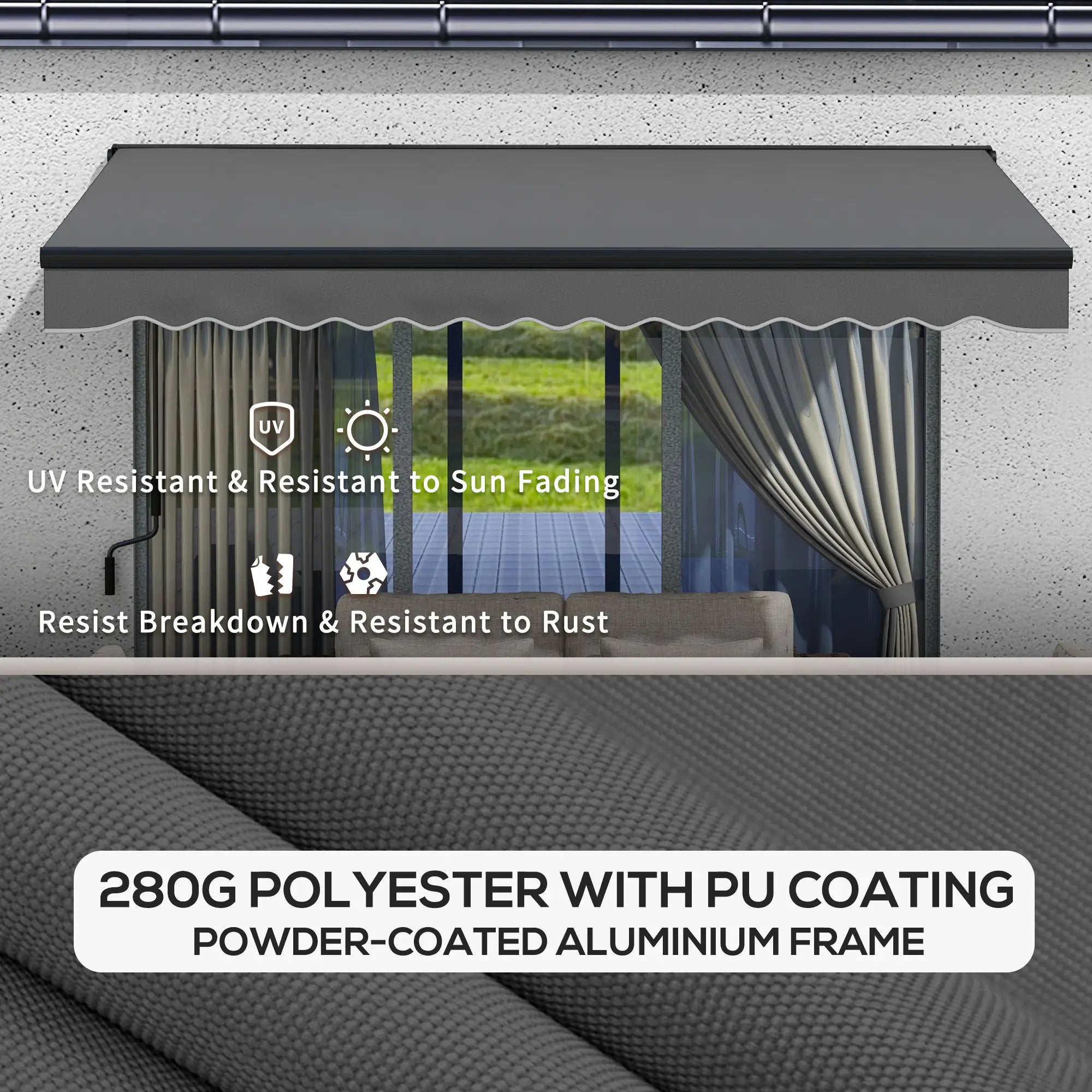 2.5m x 3.5m Dark Grey Aluminium Framed Electric Awning - Fully Retractable