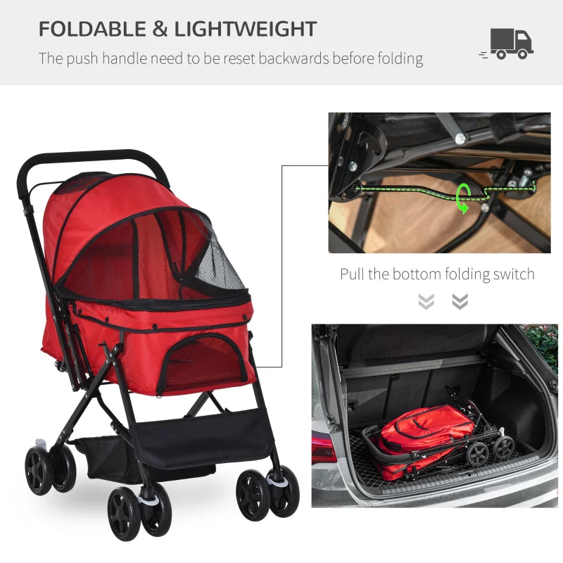 Foldable Pet Stroller for Dogs & Cats - Travel Pushchair with Reversible Handle, Brake & Storage Basket