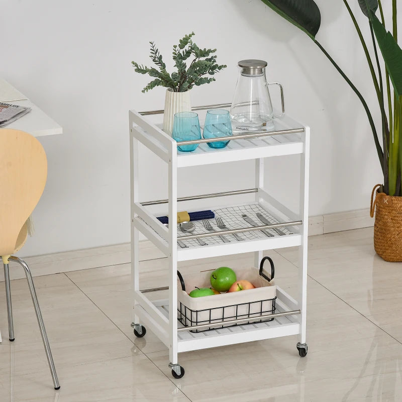 3-Tier Rolling Kitchen Storage Cart with Steel Bars & 4 Wheels - White Home Organizer for Living Room & Kitchen