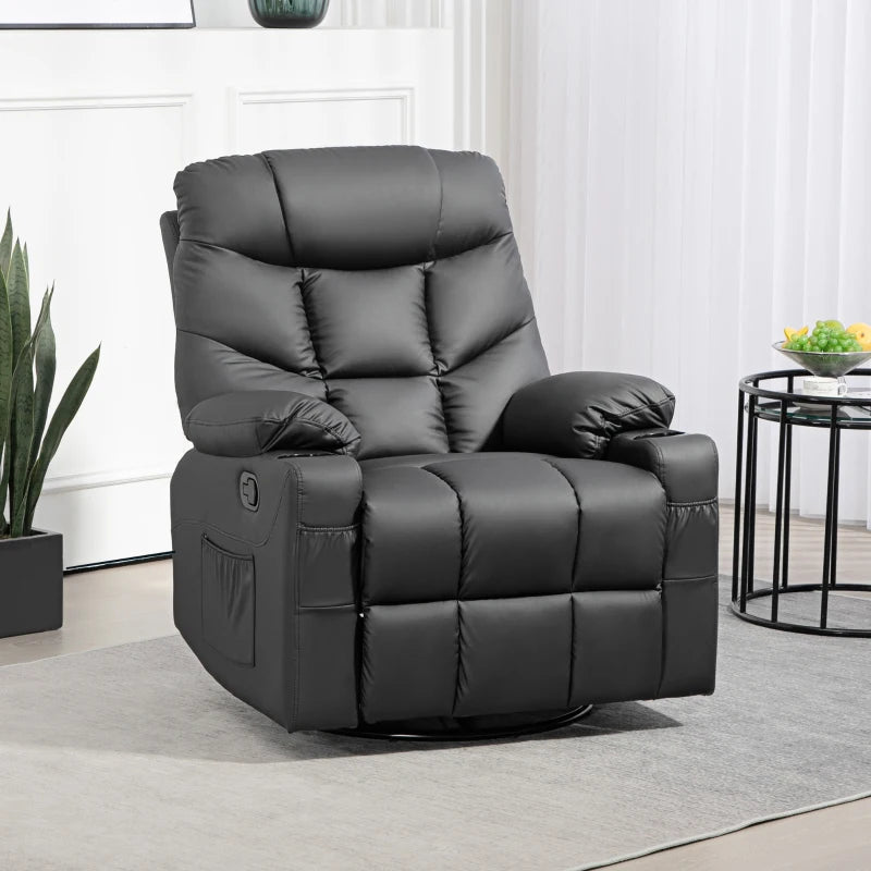 Manual Reclining Armchair with Swivel, Faux Leather, Footrest and Cup Holders - Black, 86x93x102cm