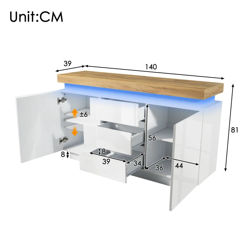 High-Gloss White Chest of Drawers with LED Lighting - 2 Doors & 3 Drawers Sideboard Cabinet, 140x39x81 cm