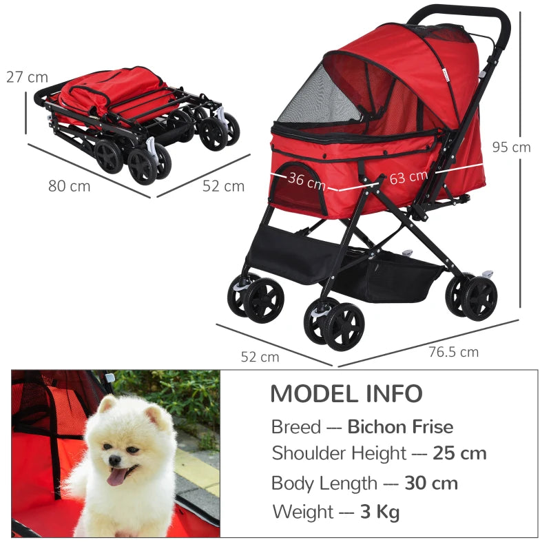 Foldable Pet Stroller for Dogs & Cats - Travel Pushchair with Reversible Handle, Brake & Storage Basket