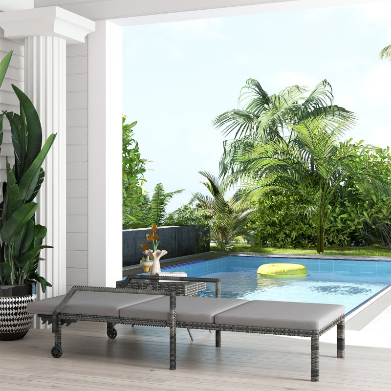 Rattan Wicker Outdoor Sun Lounger - Grey, Adjustable Backrest, 2 Wheels