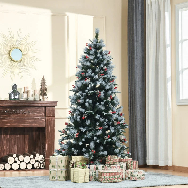 6FT Snow Dipped Christmas Pencil Tree with Red Berries & Pinecones - Foldable Holiday Decoration for Home Parties