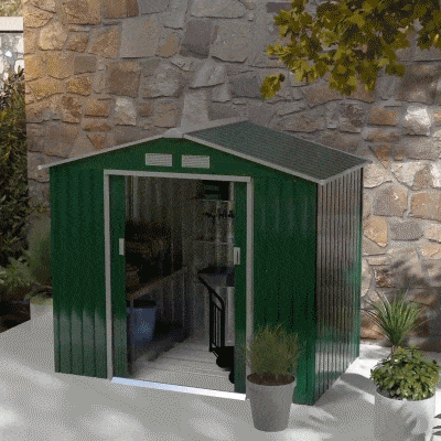 Green 7ft x 4ft Lockable Metal Shed with Ventilation Slots, Foundation Kit and Lockable Double Doors
