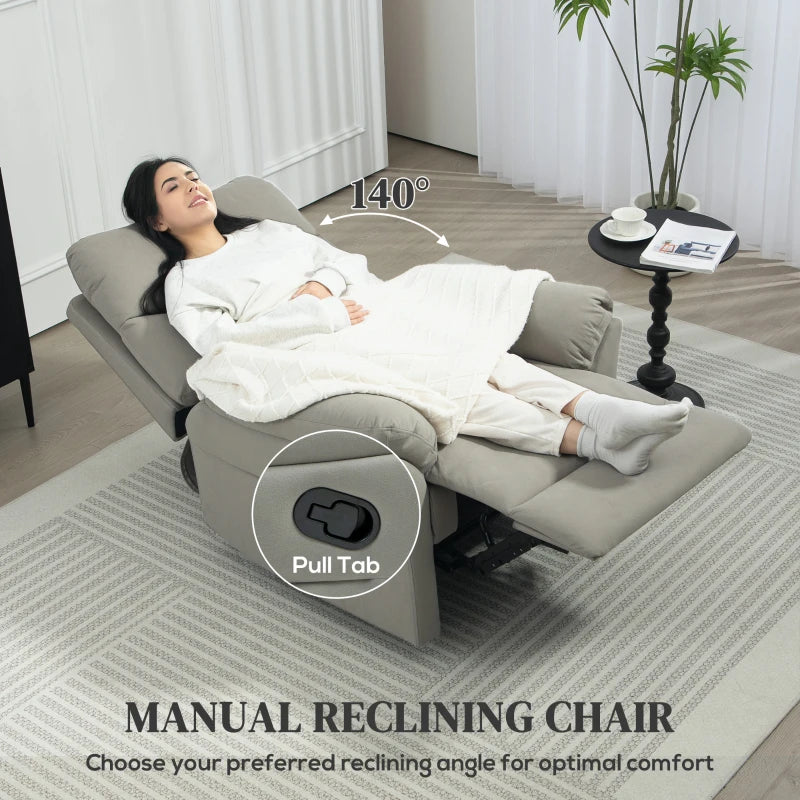 Grey Manual Reclining Armchair with Footrest - 140° Comfort for Living Room or Office