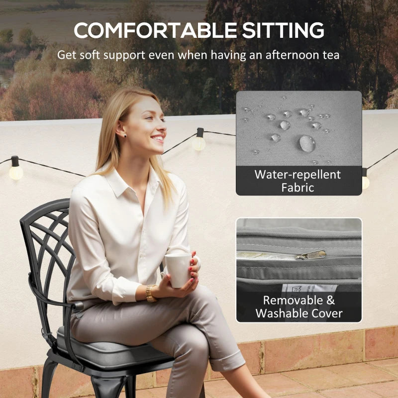 3 Piece Black Cast Aluminium Garden Bistro Set for 2 - Outdoor Coffee Table Set with Cushions, Rust Resistant, Parasol Hole, Perfect for Patio and Balcony