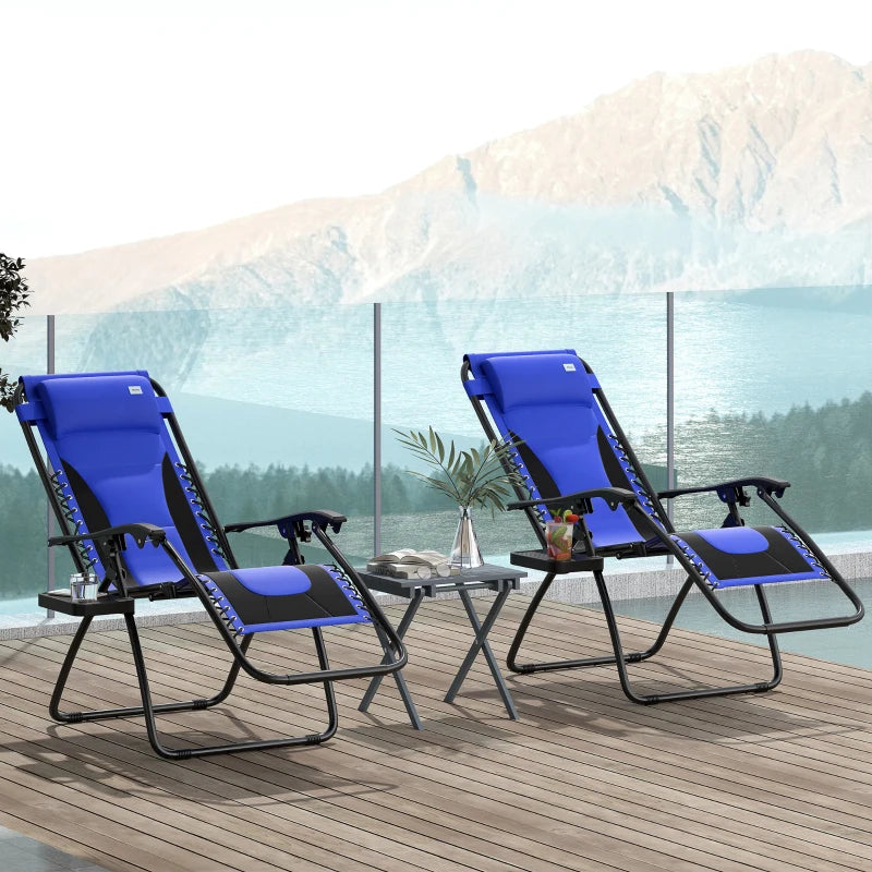Blue Sun Lounger Chair Set of 2 - Folding Reclining Patio Chairs with Padded Seat, Cup Holder