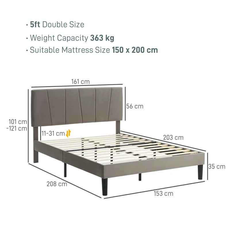 Luxurious King Size Bed Frame with Velvet Headboard Stylish Grey Design 161x208x121cm