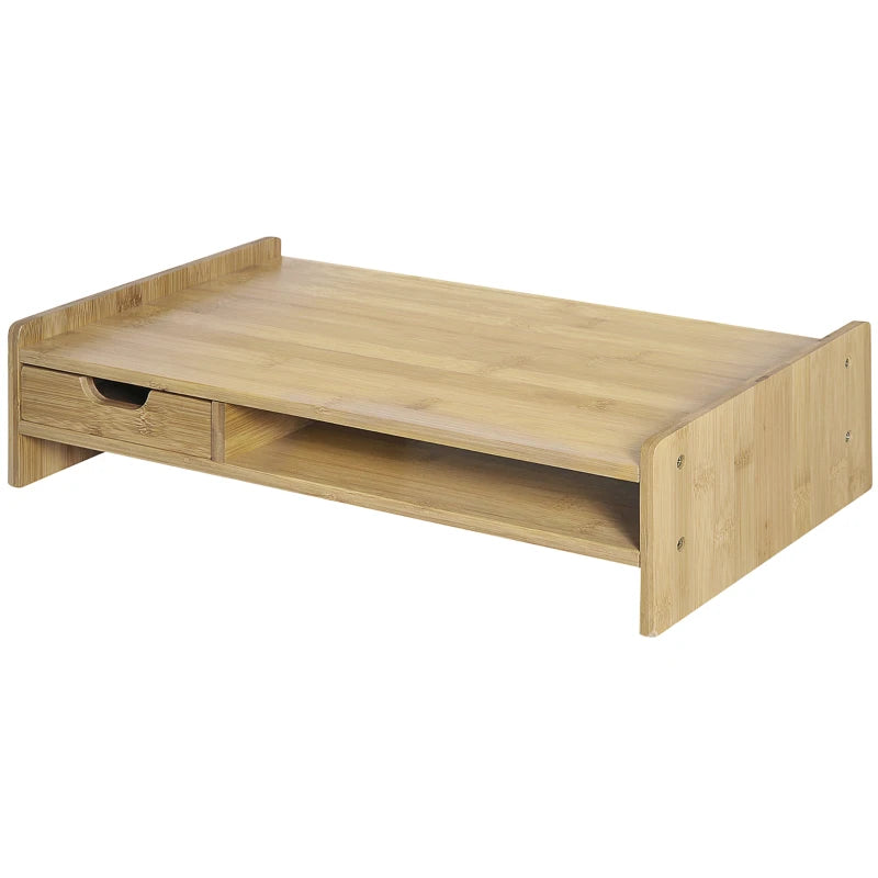Bamboo Monitor Riser Stand with Drawer - Laptop PC Plinth Organizer for Desktop & TV - Stylish & Functional