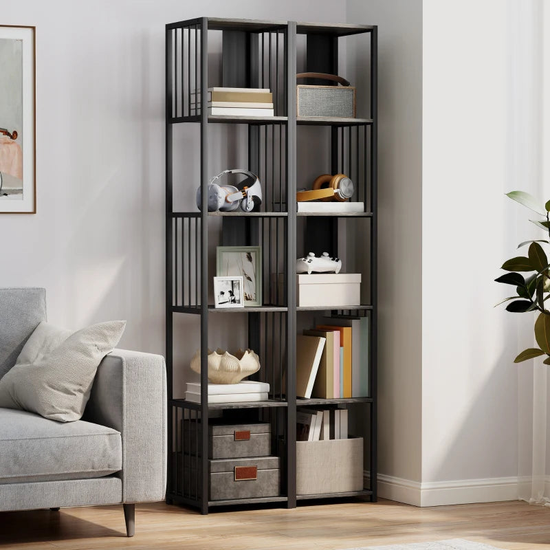 5-Tier Grey Bookshelf with Durable Steel Frame - Modern Storage Solution for Home or Office