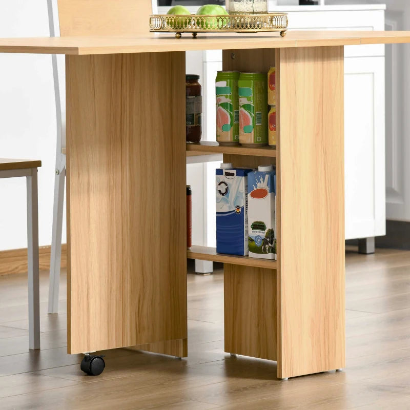 Folding Dining Table with Drop Leaf - Space-Saving Rectangular Tabletop & Storage Shelves for Kitchen & Dining Room - Teak Finish