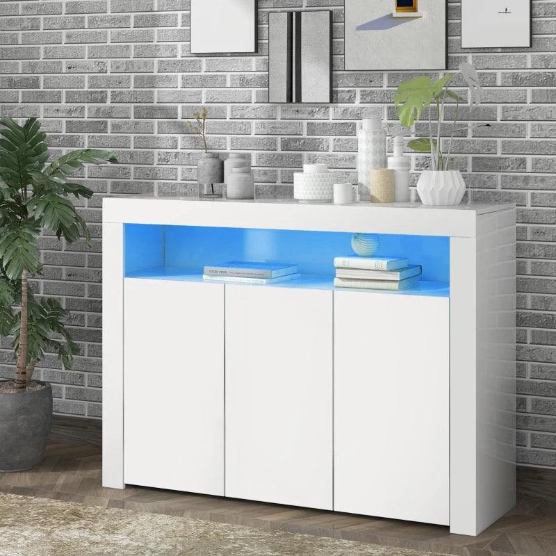Modern White Sideboard Cabinet with LED Lights - High Gloss 3-Door Kitchen Unit, Remote Control, 130x35x95 cm