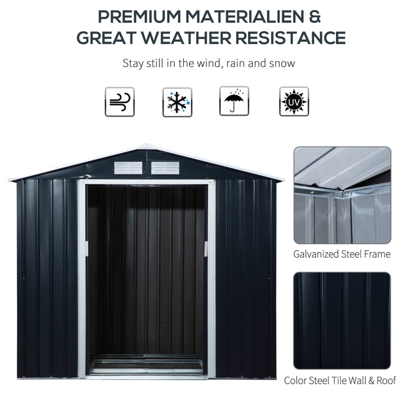 Black 7ft x 4ft Metal Shed With Ventilation Slots, Foundation Kit and Lockable Double Doors