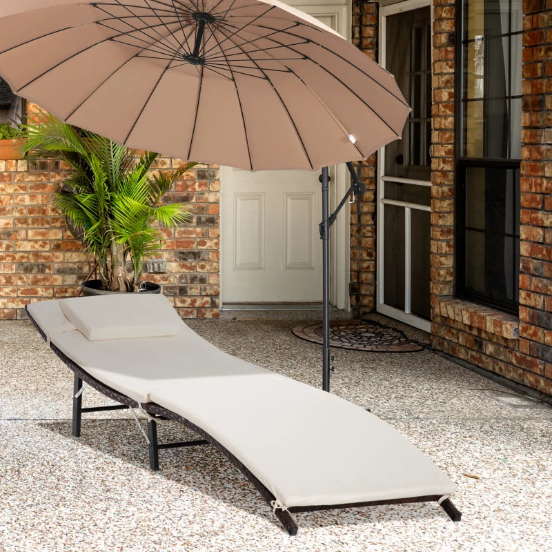 Cream White Rattan Folding Sun Lounger with Cushion and Pillow