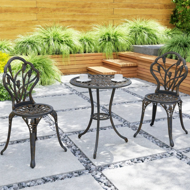 3 Piece Bronze Outdoor Patio Bistro Set for 2 - Aluminium Garden Table and Chairs with Umbrella Hole for Balcony