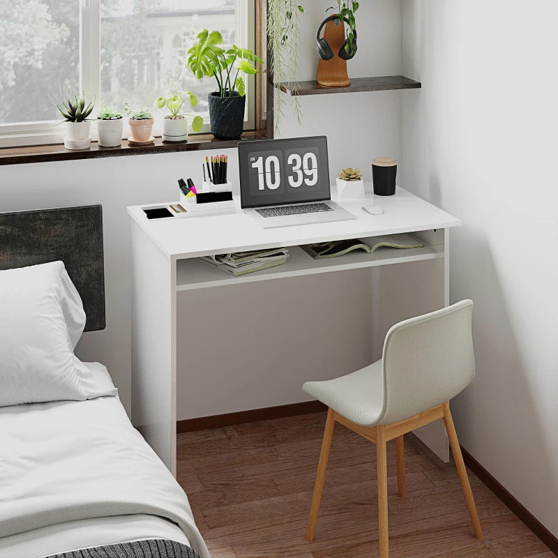 Modern 90x50cm High Gloss White Computer Table - Stylish Home Office Desk with Storage Shelf for Small Spaces
