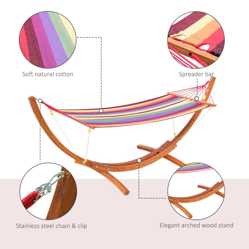 Multicolour Outdoor Hammock with Wooden Arc Stand - Garden Swing Bed