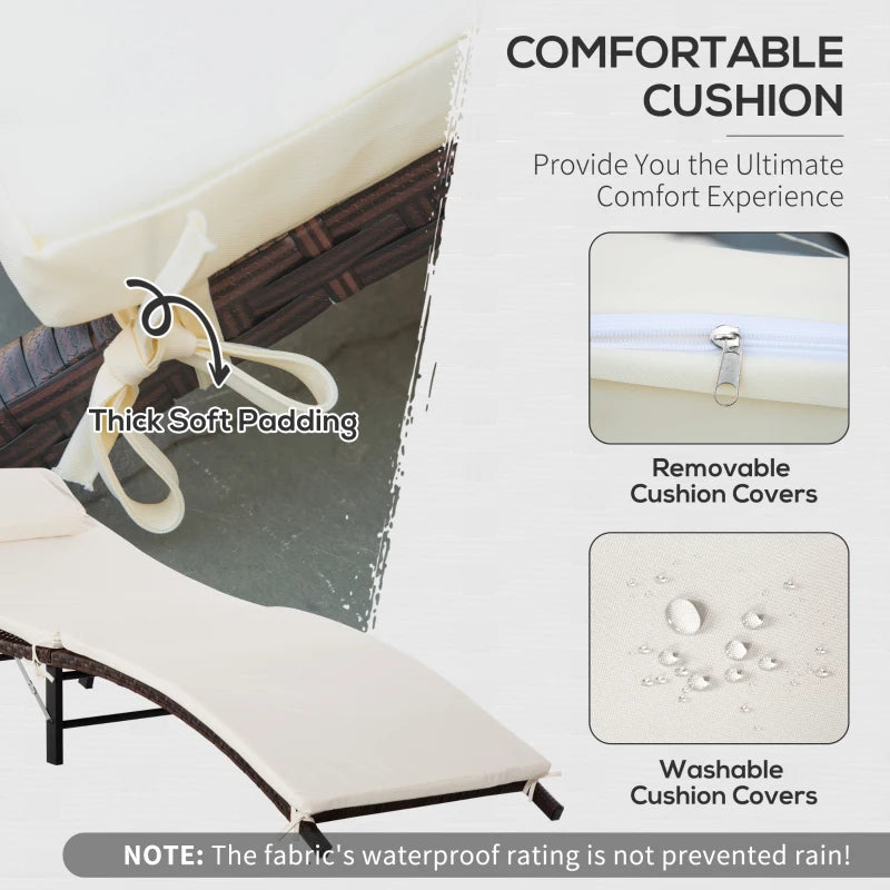 Cream White Rattan Folding Sun Lounger with Cushion and Pillow