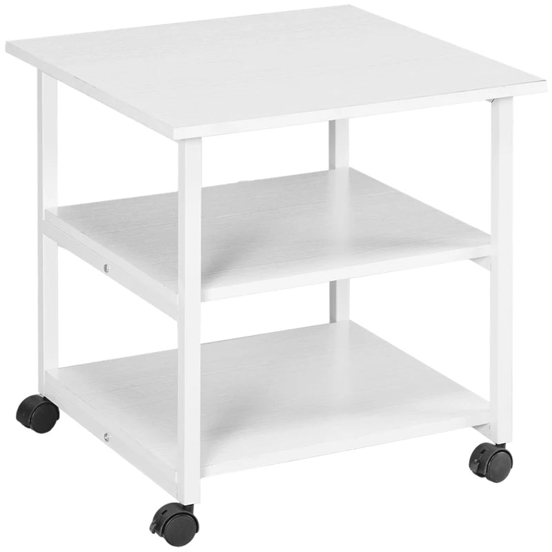 Three-Tier White Steel Printer Stand on Wheels - Mobile Storage Solution for Home Office & Workspace Organization