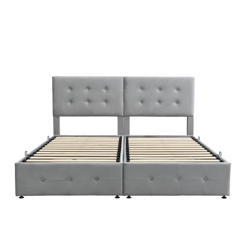 Velvet Upholstered Double Bed with Hydraulic Lift Storage Iron Frame Grey 197x181x105 cm