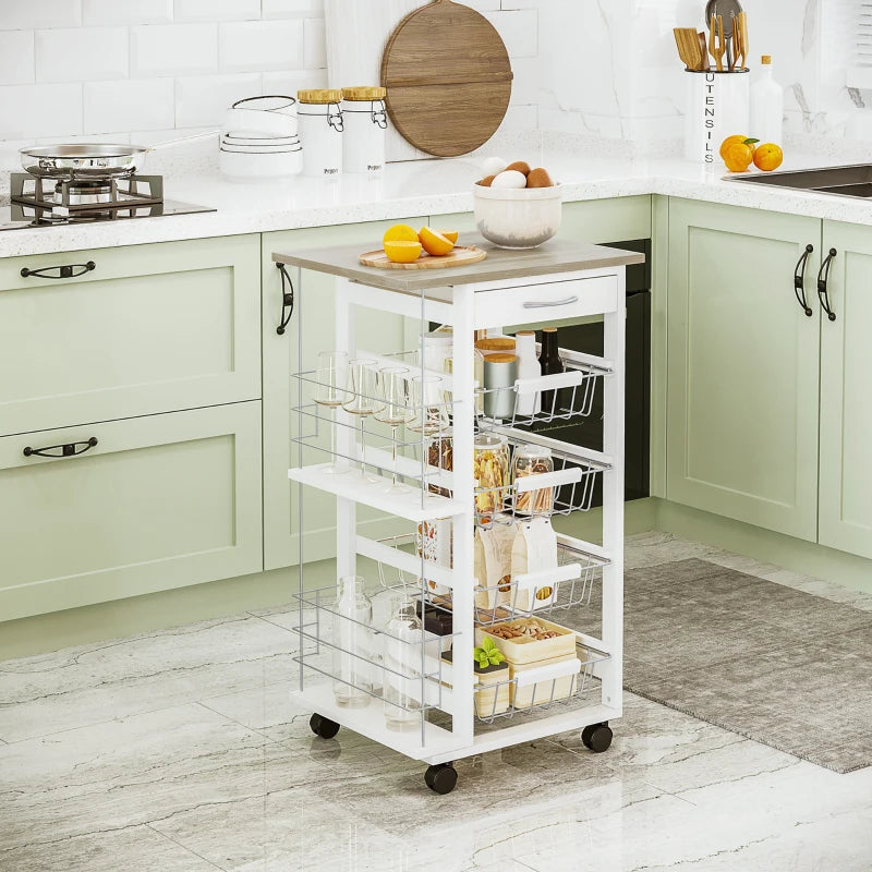 Rolling Kitchen Cart with 4 Basket Drawers & Side Racks - Utility Storage on Wheels for Dining Room - Natural & White