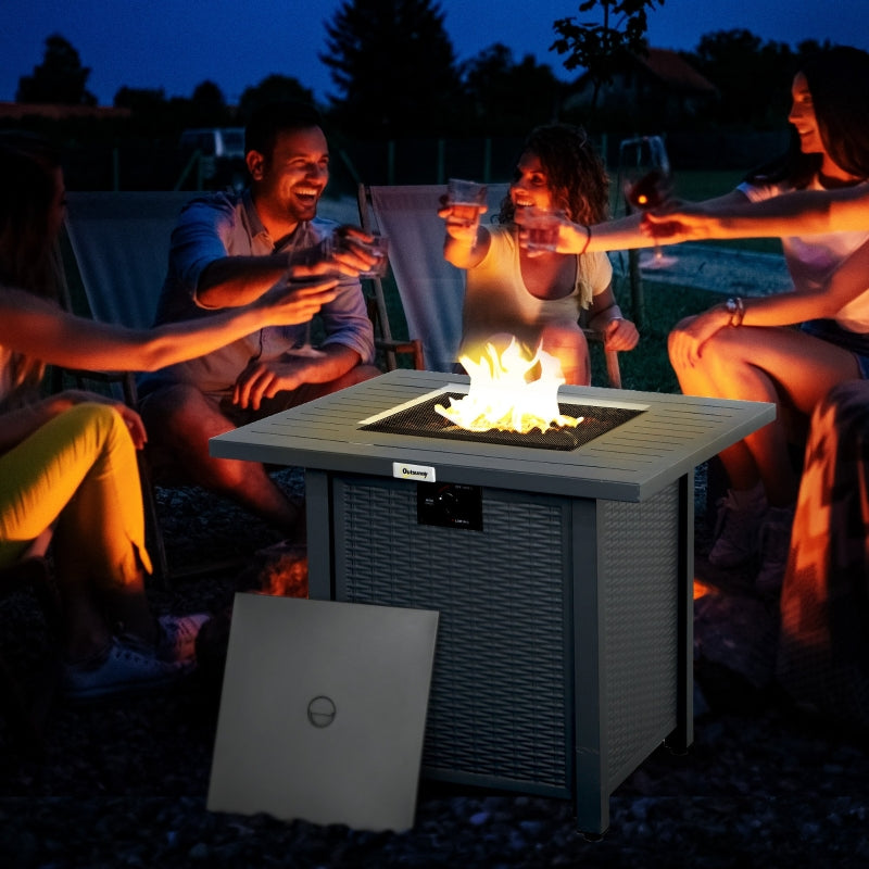 Square Grey Rattan-style Propane Gas Fire Pit Table - 40,000 BTU Smokeless Patio Heater with Thermocouple, Lava Rocks, Waterproof Cover, Spark Guard and Lid