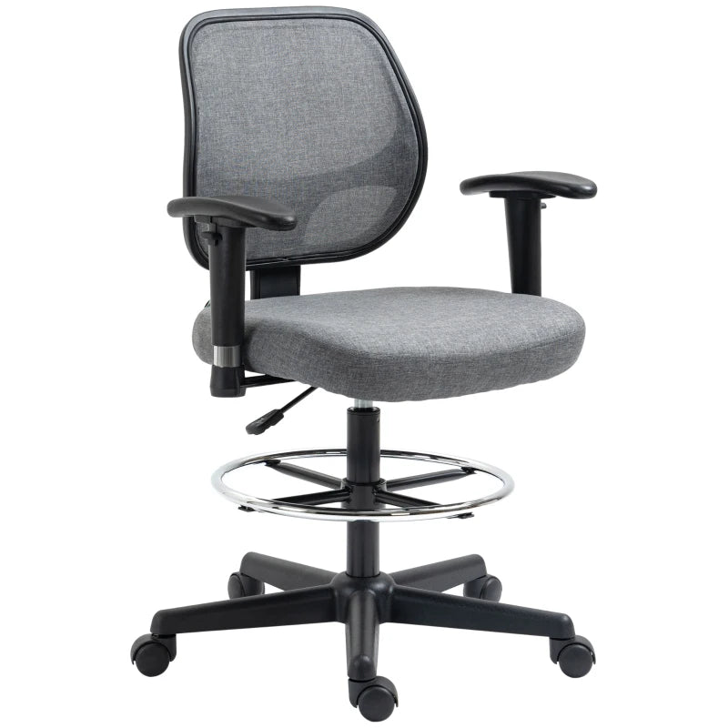 Vinsetto Ergonomic Drafting Chair - Adjustable Fabric Office Stool with Height Armrest & Foot Ring, 360° Swivel, Grey