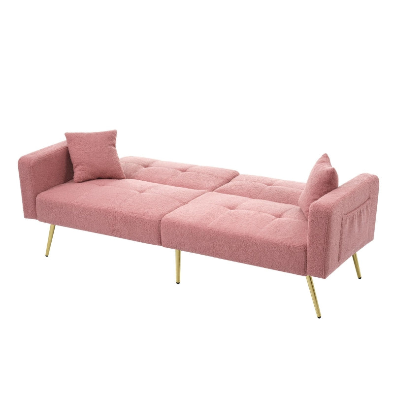 Adjustable Backrest Sofa Bed with Gold Legs and Side Pockets, Sherpa Fabric, Pink, 176L x 64W x 75H cm
