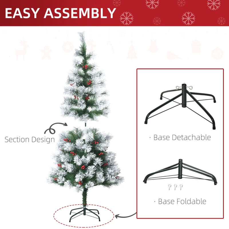 5FT Artificial Christmas Tree with Metal Stand, 184 Tips, Berry Decorations - Perfect Indoor Xmas Holiday Decor
