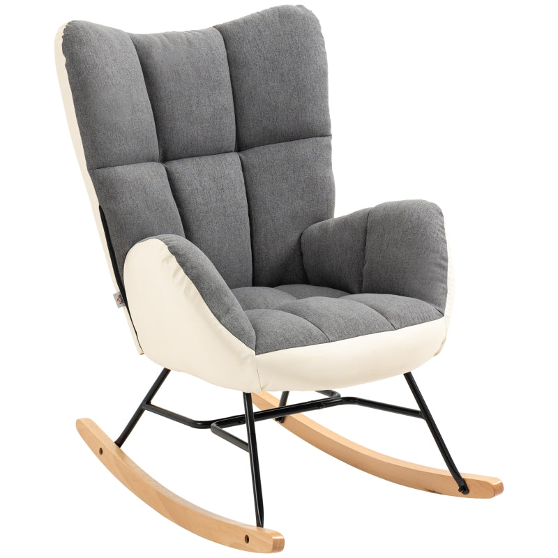Soft Padded Rocking Wingback Armchair with Wooden Legs in Grey and Cream for Stylish Comfort