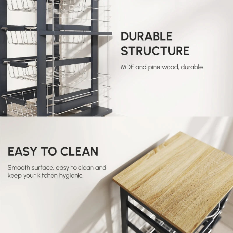 Rolling Kitchen Cart with 4 Basket Drawers & Side Racks - Utility Storage on Wheels for Dining Room - Grey