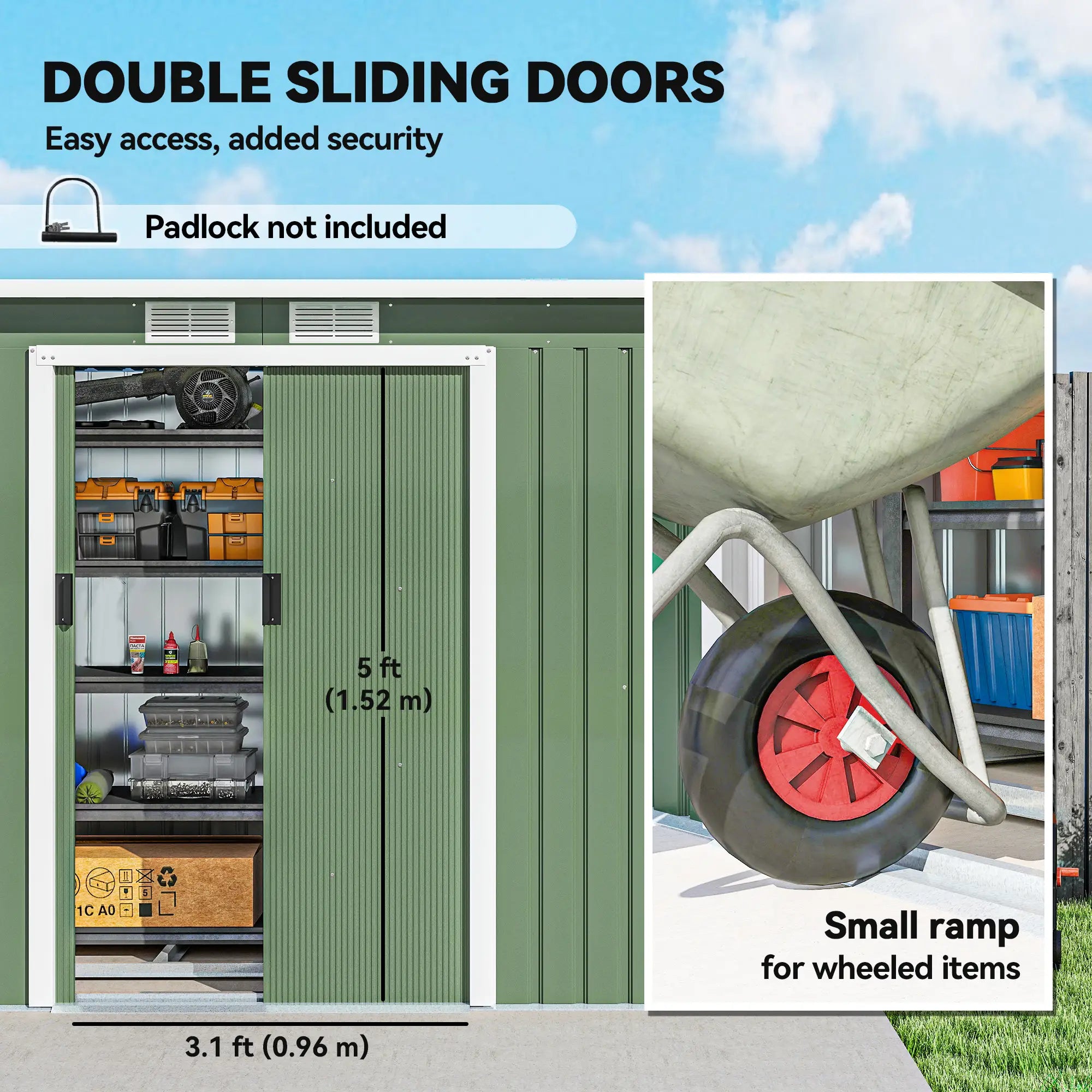 9ft x 4ft Green Shed With Foundation Kit, Ventilation and Double Doors