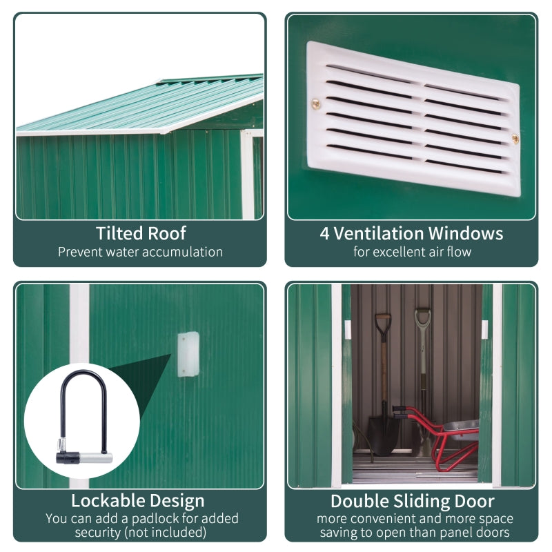 Green 7ft x 4ft Lockable Metal Shed with Ventilation Slots, Foundation Kit and Lockable Double Doors