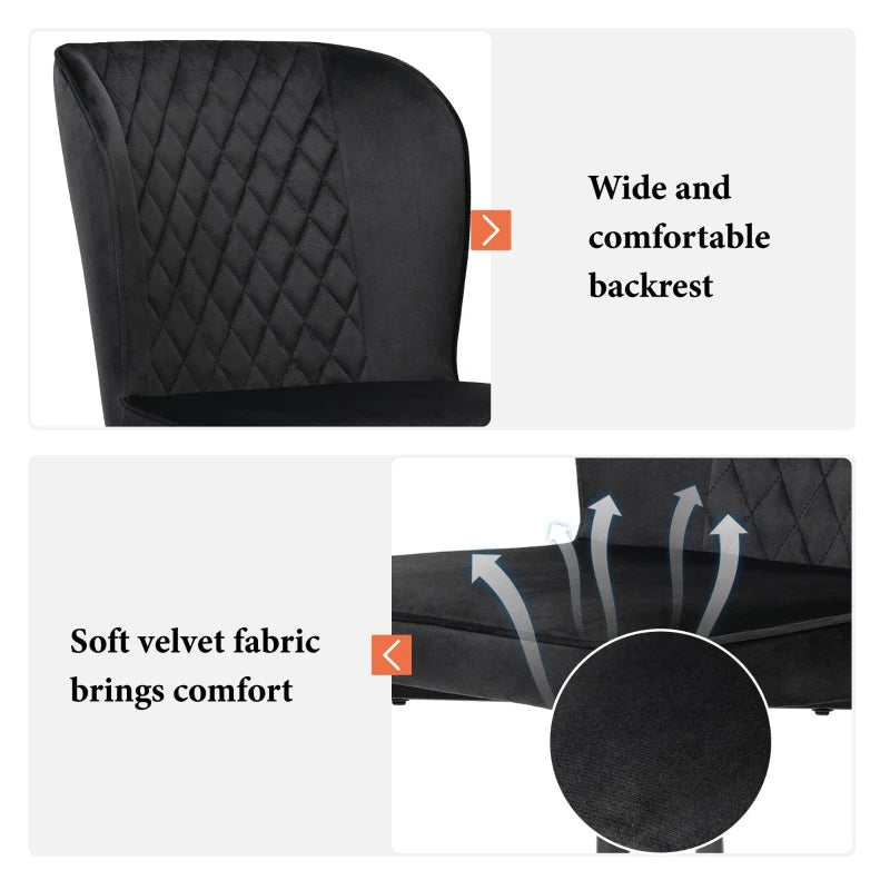 Set of 2 Velvet Black Dining Chairs with Metal Legs, Wing Back Upholstered Accent Chairs for Dining Room, 47x43x86 cm