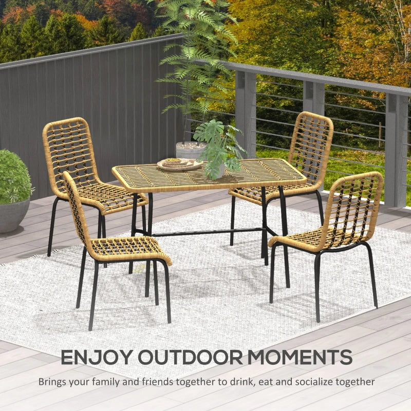 5-Piece Rattan Garden Dining Set with Glass Tabletop - Natural Wood