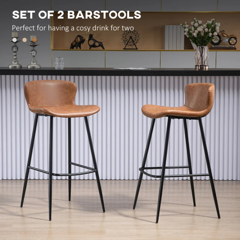 Set of 2 Brown PU Leather Bar Stools with Backs, Steel Legs & Footrests - Stylish Kitchen Counter Chairs