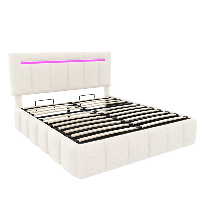 Double Upholstered Bed Frame with Hydraulic Storage and LED Headboard for Modern Bedrooms