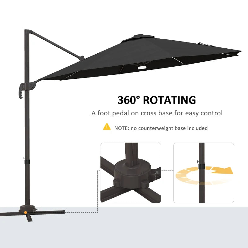 Dark Grey 3m LED Cantilever Sun Umbrella with Solar Lights & Base