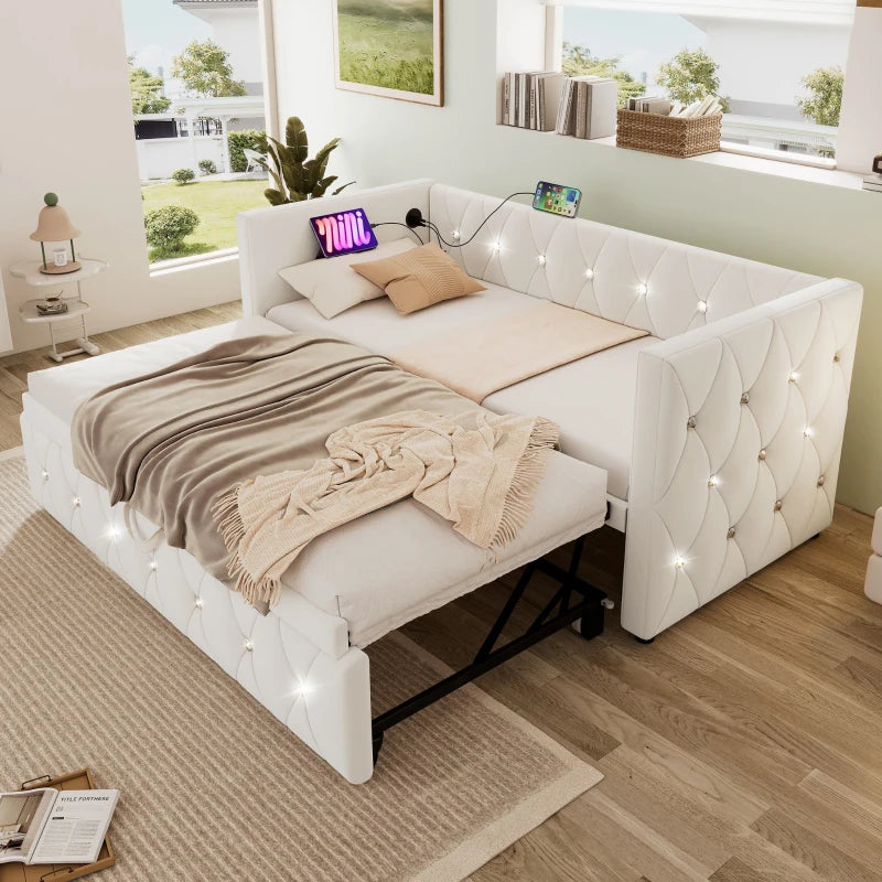 3 Seater Futon Bed with Fast Charging Ports and Removable Trundle for Overnight Guests Beige