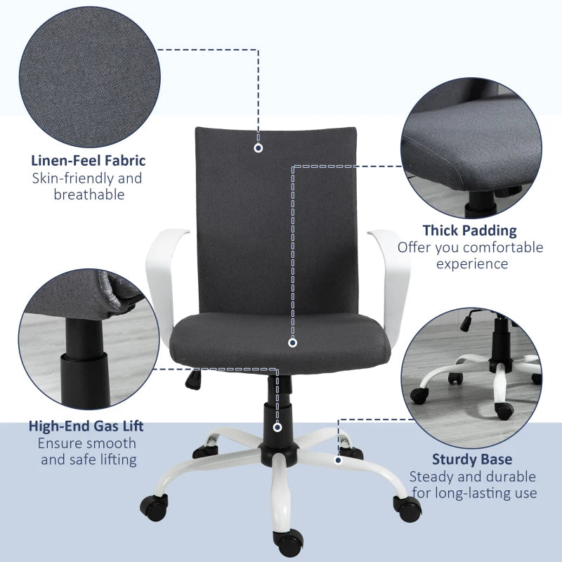Vinsetto Dark Grey Linen Office Chair - Swivel Computer Desk Chair with Wheels, Adjustable Height & Armrests for Home Study